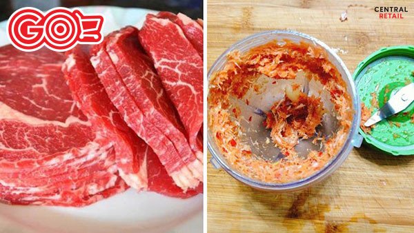 Thịt bò đã cắt lát và các nguyên liệu hành tỏi sả để làm nước sốt ướp thịt nướng bò