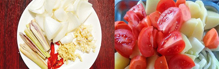 Thịt bò đã được cắt khối và rau củ sơ chế sẵn sàng cho món bò kho nước dừa