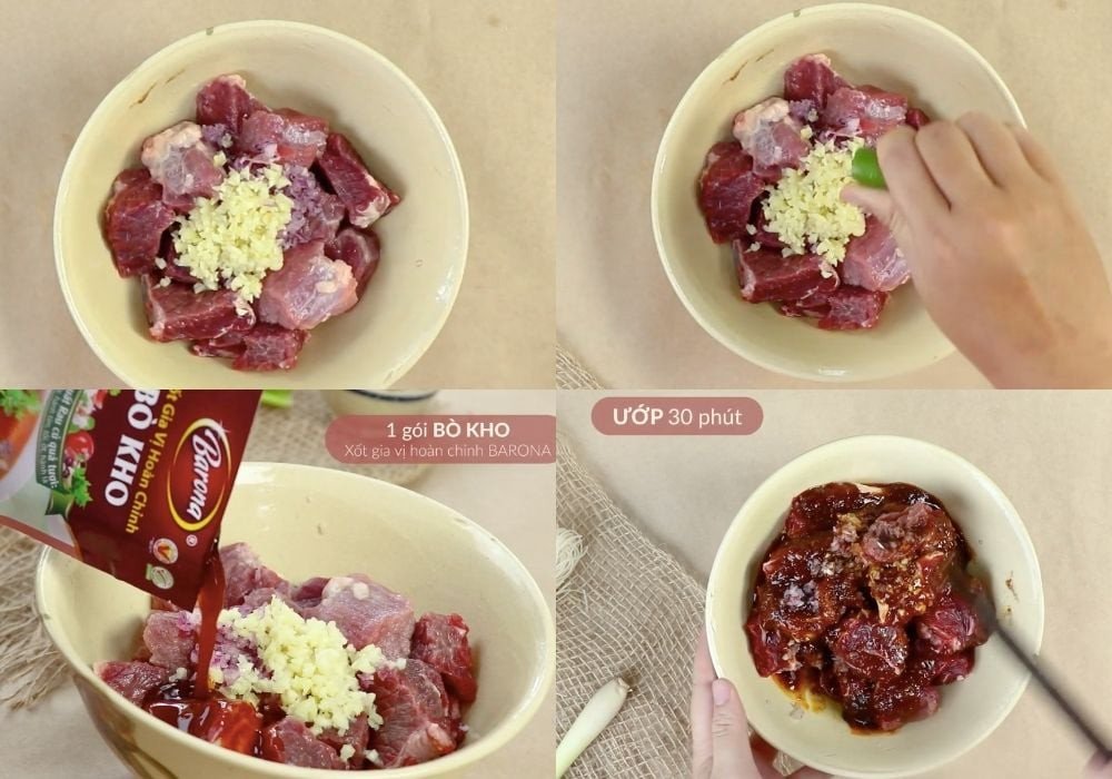 Thịt bò đang được ướp cùng các gia vị đặc trưng của món bò kho