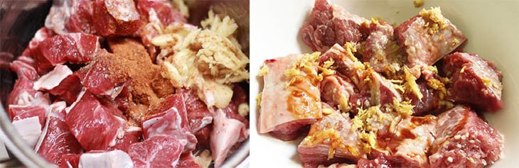 Thịt bò được ướp đều gia vị để thấm sâu hương vị đặc trưng của bò kho nước dừa