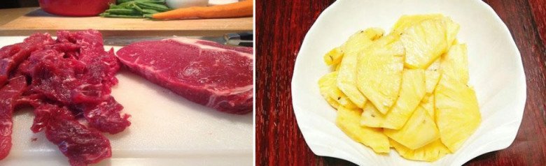 Thịt bò thái miếng ngang thớ, dứa thái vát nhỏ vừa ăn, chuẩn bị cho món xào thơm ngon.