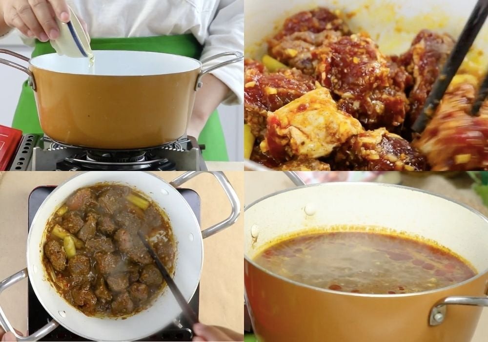 Thịt bò và rau củ đang được hầm trong nồi để tạo nước lèo bò kho