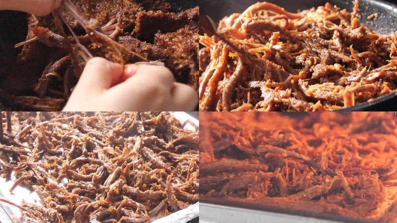 Thịt bò xé sợi sau khi rim, chuẩn bị cho vào nồi chiên không dầu sấy khô