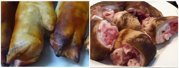 Thịt chân giò được thui sạch lông và chặt miếng vuông vắn để nấu món giả cầy