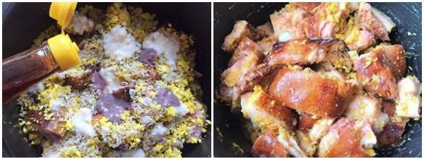 Thịt chân giò ướp riềng, sả, mắm tôm, mẻ để nấu giả cầy chuẩn vị