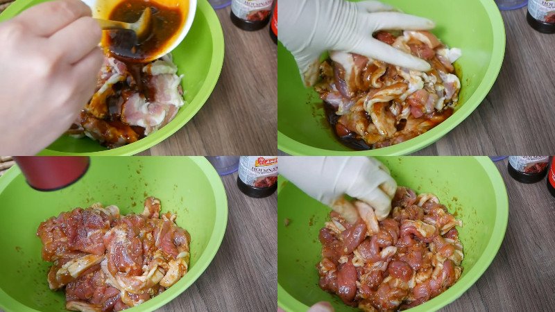 Thịt heo ba rọi đang được ướp gia vị để làm bún trộn