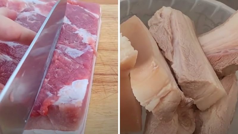 Thịt heo ba rọi sau khi sơ chế và cắt miếng vừa vặn