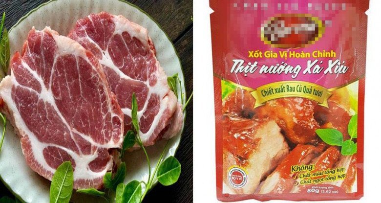 Thịt heo cùng gói gia vị ướp sẵn, một lựa chọn tiện lợi cho cách làm thịt xá xíu ngon.