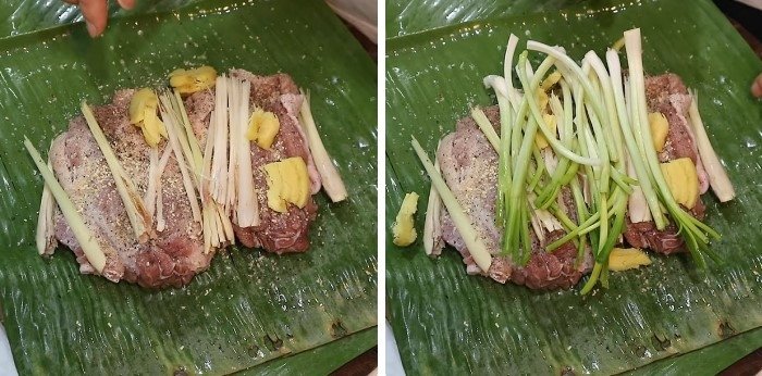 Thịt heo đang được ướp muối với sả, gừng và các loại gia vị đậm đà.