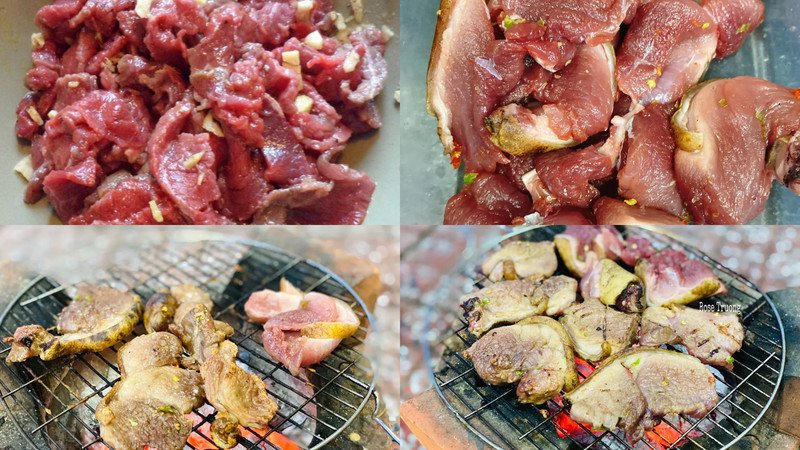 Thịt heo rừng đang được nướng trên than hồng để đạt độ mềm hoàn hảo