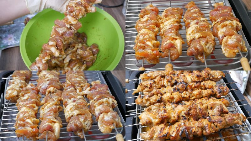 Thịt nướng vàng ươm trên bếp than hồng cho món bún trộn