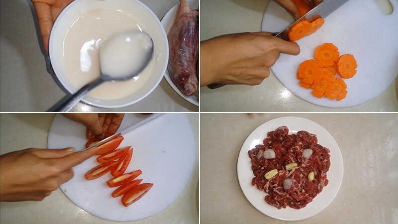 Thịt trâu tươi ngon và các loại rau củ đang được sơ chế cho món lẩu mẻ