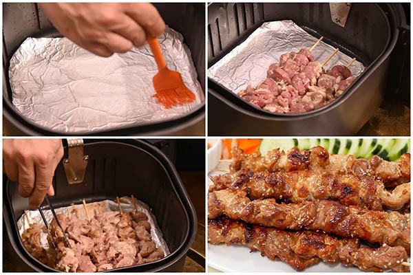 Thịt xiên đang được nướng vàng ruộm trong nồi chiên không dầu