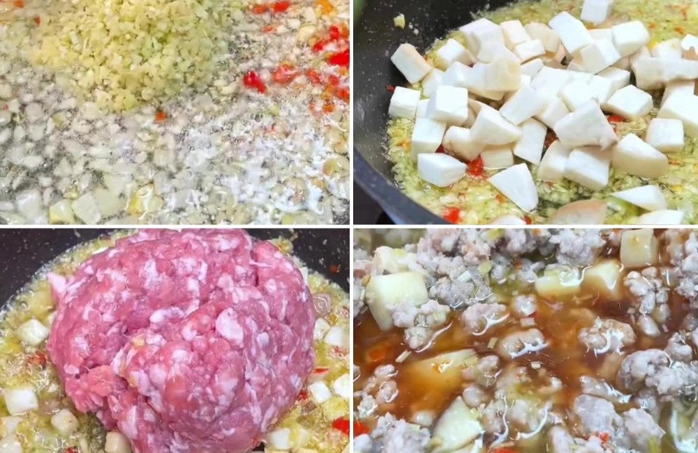 Thực hiện món thịt băm rang sả tỏi nấm đùi gà