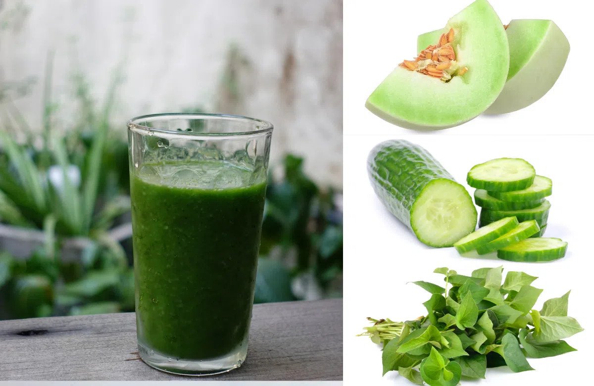 Thức uống tươi mát từ rau diếp cá, dưa lê, và dưa leo theo cách nấu nước rau diếp cá thanh nhiệt.