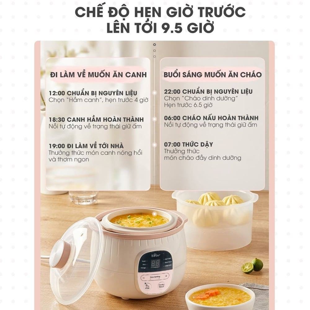 Tính năng hẹn giờ linh hoạt giúp người dùng chủ động khi sử dụng nồi nấu chậm Bear 0.8L