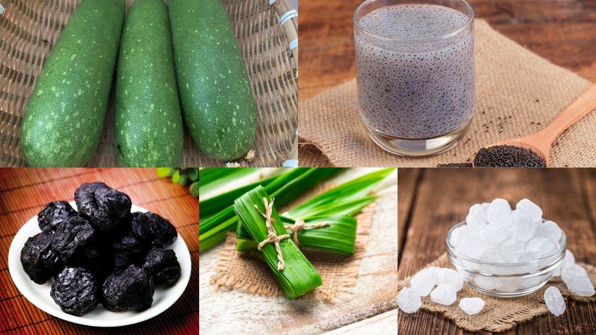 Toàn bộ nguyên liệu bao gồm bí đao tươi, lá dứa, thục địa và đường phèn, chuẩn bị cho cách nấu trà bí đao hạt chia phiên bản chay.
