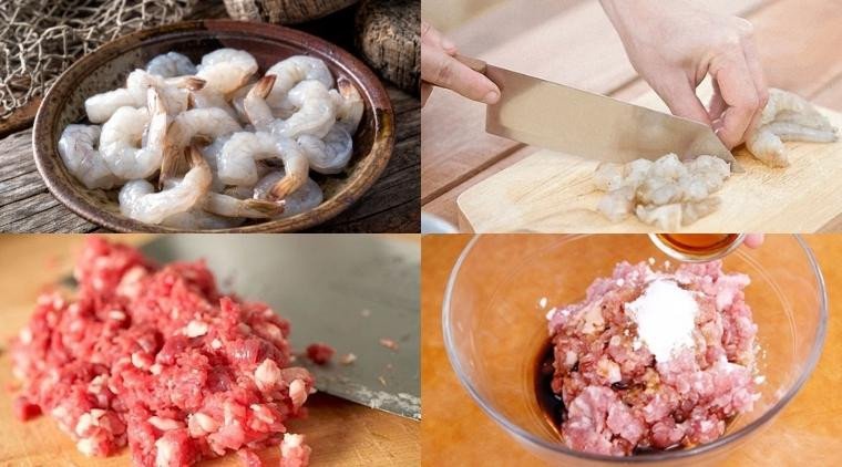 Tôm tươi đã ướp gia vị chuẩn bị cho món bánh canh bột gạo xắt