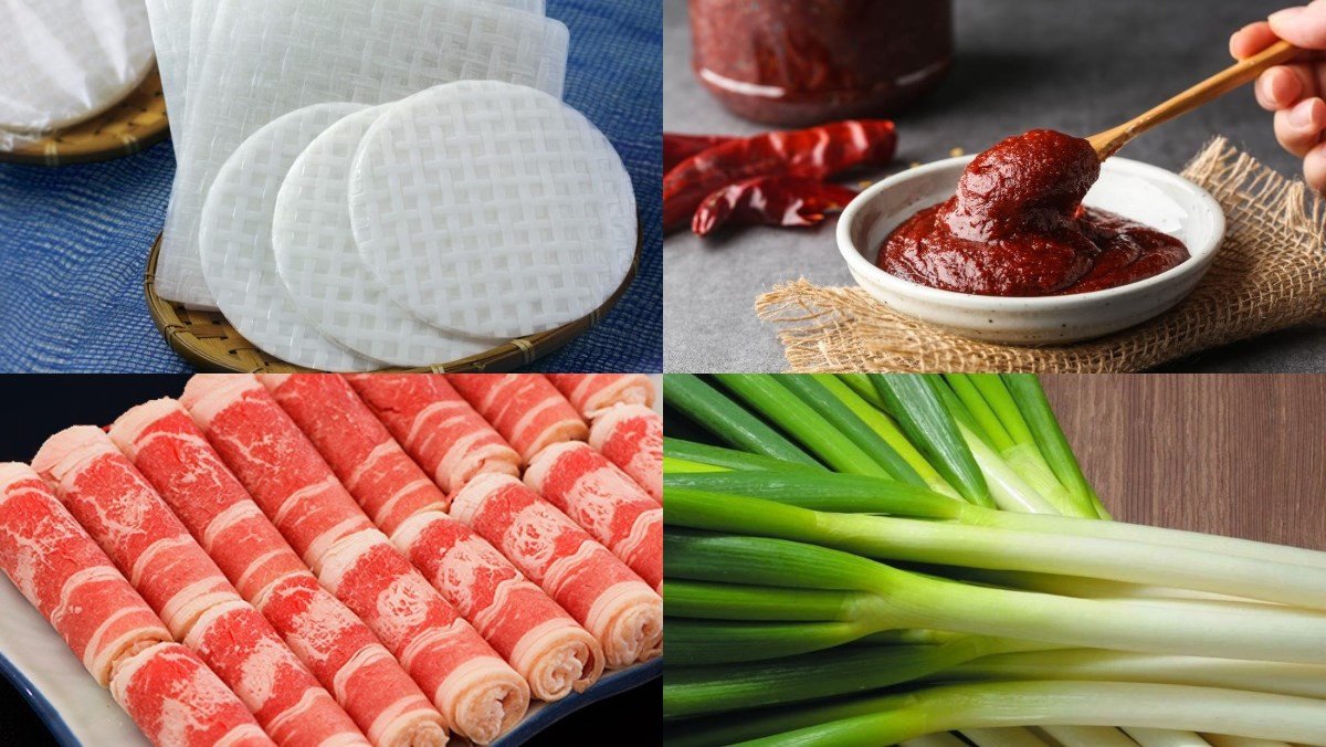 Tổng hợp các loại nguyên liệu cần thiết để làm món tokbokki bằng bánh tráng tại nhà