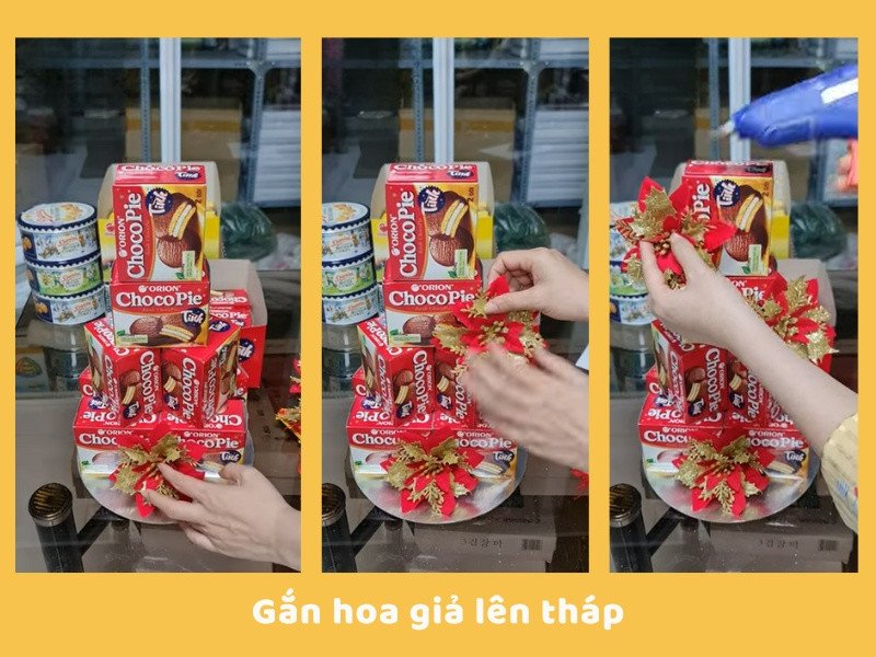 Trang trí tháp bánh Chocopie bằng hoa giả