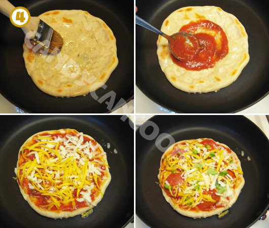 Trang trí topping lên bánh pizza đang nướng trên chảo