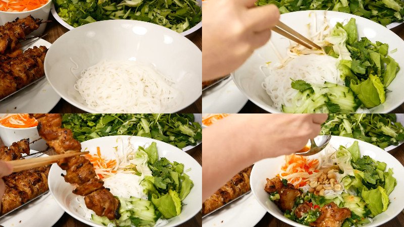Trình bày tô bún trộn thịt nướng cùng rau sống và nước chấm