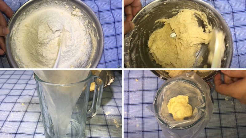 Trộn bột mì vào hỗn hợp bơ trứng để làm bánh quy bơ