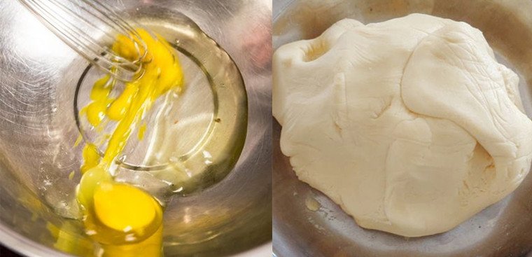 Trộn bột nếp và trứng làm bánh bột nếp chiên lăn đường