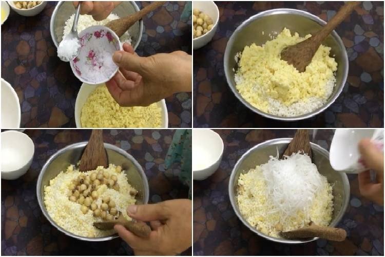 Trộn đều các nguyên liệu làm xôi vò hạt sen trước khi hấp