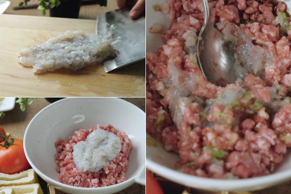 Trộn đều nhân thịt băm và tôm cho món đậu hũ nhồi thịt sốt cà chua