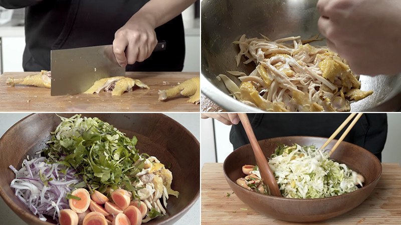 Trộn gỏi gà với hành tây và rau thơm