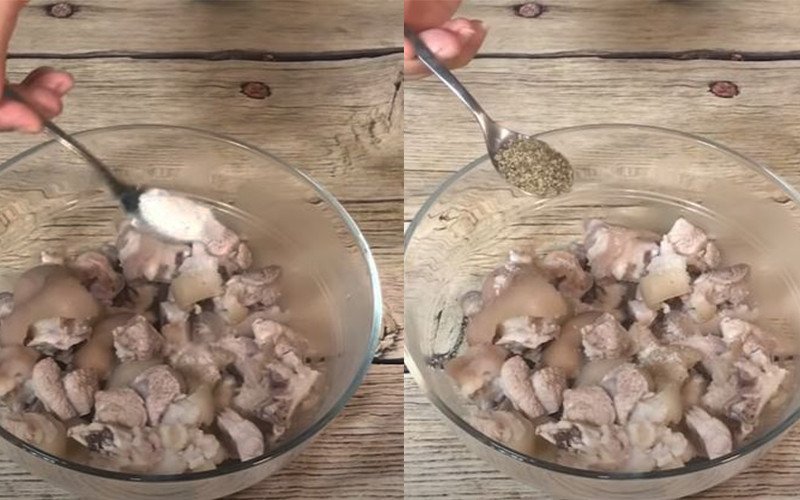 Ướp chân giò và thịt với gia vị để ngấm đều hương vị