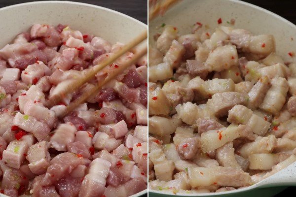 Ướp thịt ba chỉ với gia vị và xào săn trước khi kho