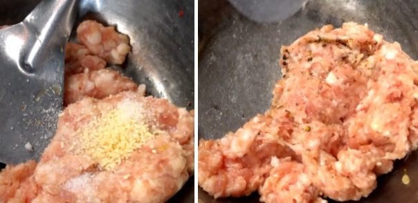 Ướp thịt băm để nấu canh rau mồng tơi