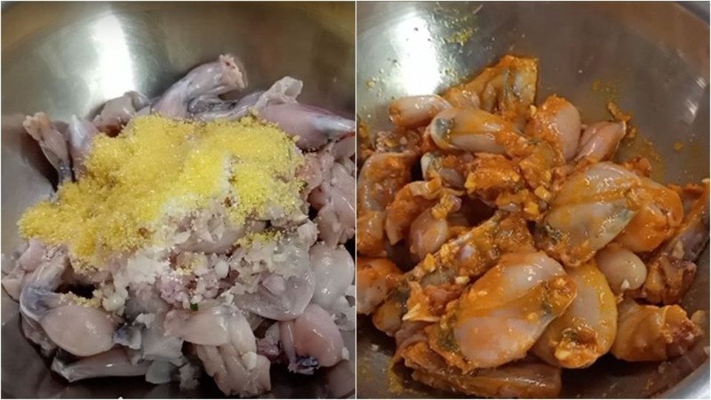 Ướp thịt ếch tầm 10 phút trước khi nấu