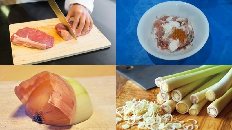 Ướp thịt heo với gia vị và các loại thảo mộc tươi để chuẩn bị cho cách xào thịt heo lăn thơm ngon.