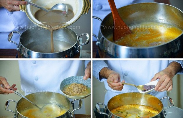 Vớt phần riêu cua nổi lên sau khi đun nóng nước cua, một bước quan trọng trong cách nấu lẩu cua đồng hải sản.