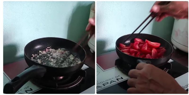 Xào cà chua với dầu màu điều để nấu bún xương heo