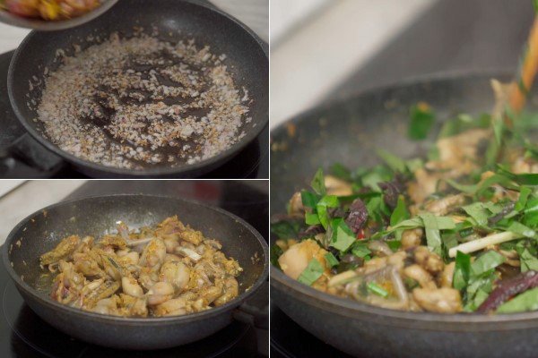 Xào ếch lá lốt tía tô