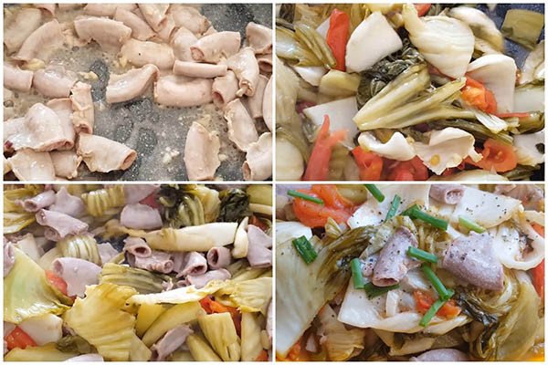 Xào lòng heo riêng trước khi kết hợp với dưa chua giúp giữ độ giòn và hương vị cho món lòng xào dưa ngon