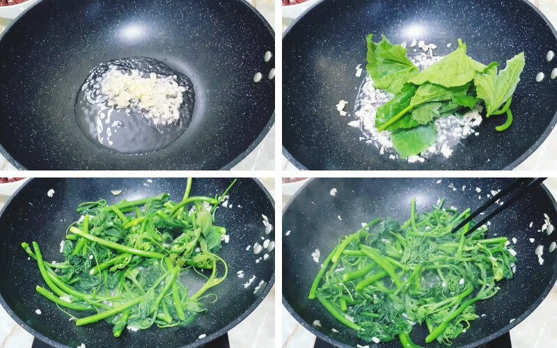 Xào ngọn bí trên chảo nóng với tỏi thơm