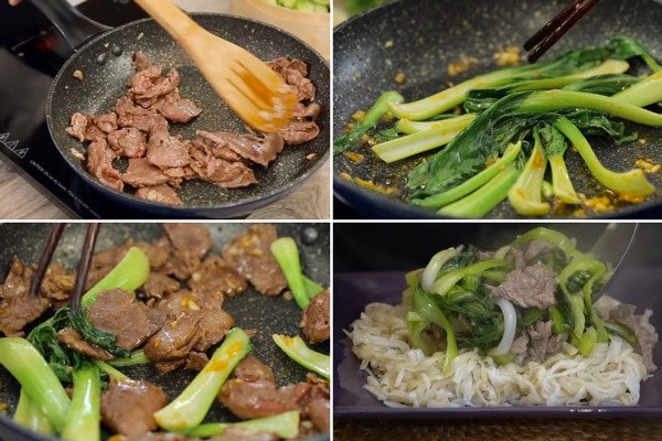 Xào nguyên liệu thịt bò và rau cải cho món cách xào phở bò mềm