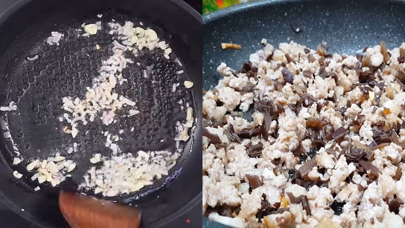 Xào nhân thịt băm với nấm mèo và nấm hương cho bánh răng bừa