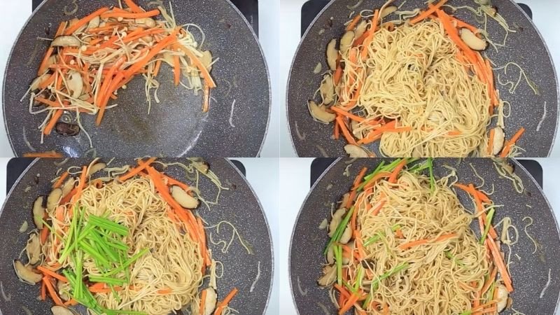 Xào rau củ và nấm thơm ngon để làm mì trứng xào