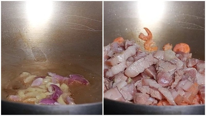 Xào thịt ba chỉ và tôm khô để các nguyên liệu thơm ngon hơn