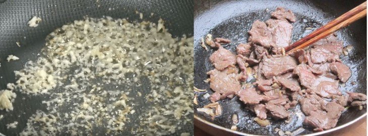 Xào thịt bò chín tái trước khi thêm nấm đùi gà