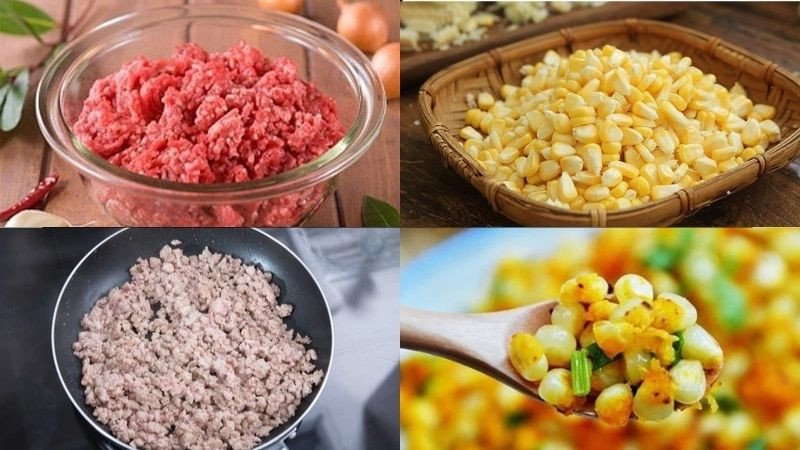 Xào thịt heo băm trên chảo nóng cho chín tới, sau đó cho ra đĩa để riêng chuẩn bị kết hợp với bắp ngọt.