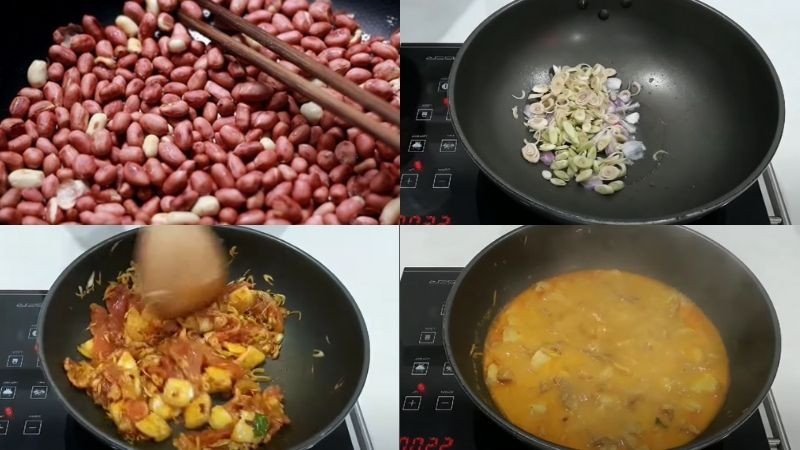 Xào thịt lợn lăn trên bếp