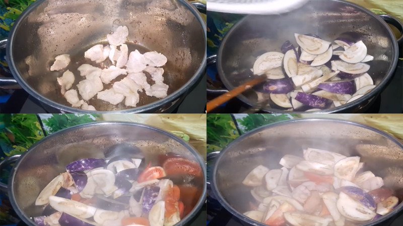 Xào thịt và cà tím trong chảo, bước quan trọng để nấu cà tím với đậu