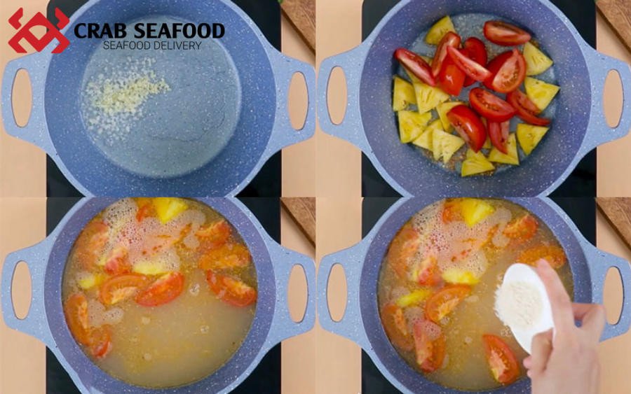 Xào thơm gia vị và tôm chua để chuẩn bị nước lẩu tôm